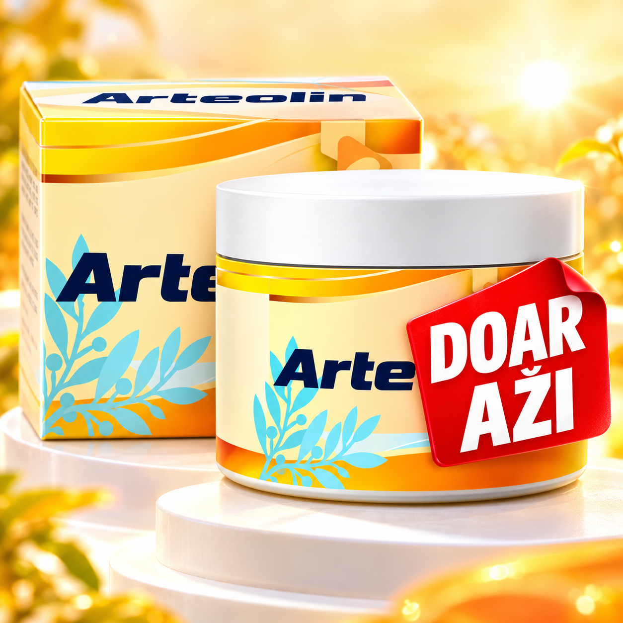 Gelul Arteolin: borcan cu capac alb și cutia lui